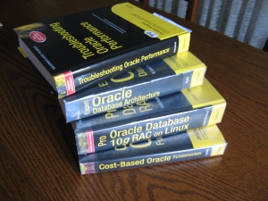 Oracle Apress books on my oak table